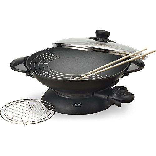 Aroma Housewares AEW-306 5-Quart Electric Wok with Tempered Glass Lid, Cast Aluminum Nonstick Skillet with Precision Temperature Control, Cooking Chopsticks, Tempura and Steaming Racks,Black