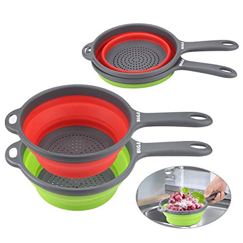 Colander Set, Kitchen Collapsible Colanders,Space-Saver Folding Silicone Strainers,Food Strainer Drainer Bowls with Handles,for Hot or Cold Food, Fruit Vegetable(Green&Red)