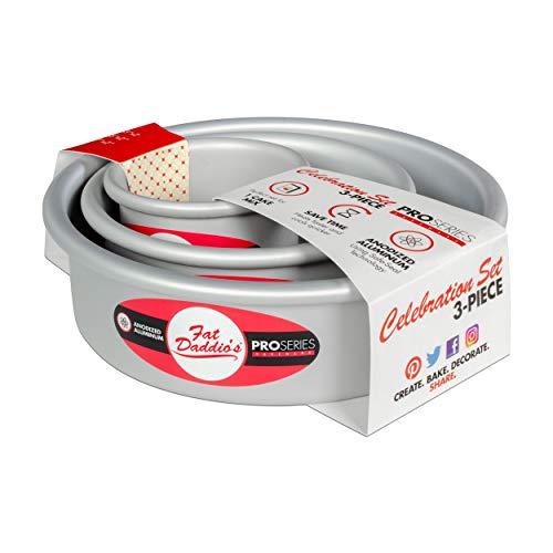 Fat Daddio’s PRD-1BOX Anodized Aluminum Round Cake Pan Celebration Set, Set of 3, Silver, 1-Box Mix