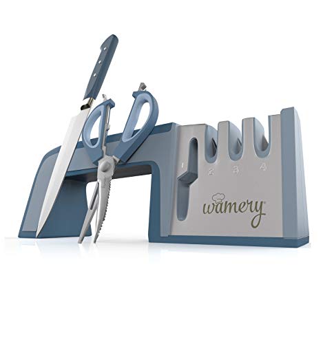 Wamery Knife Sharpener 4-Stage Kitchen Knife and Scissor Sharpeners – Easy to Use Manual Knife Sharpening Scissors Tool Restore Knives & Shears Quickly with Ergonomic Handled & Anti-Slip Safe Pads