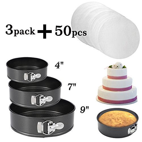 3Pcs Springform Pan set Non-stick Leakproof 4/7/9 Cake Pan Detachable Bakeware Leakproof Round Baking Pans with Parchment Paper Liners and Silicone Spatula for Baker and Baking Enthusiast